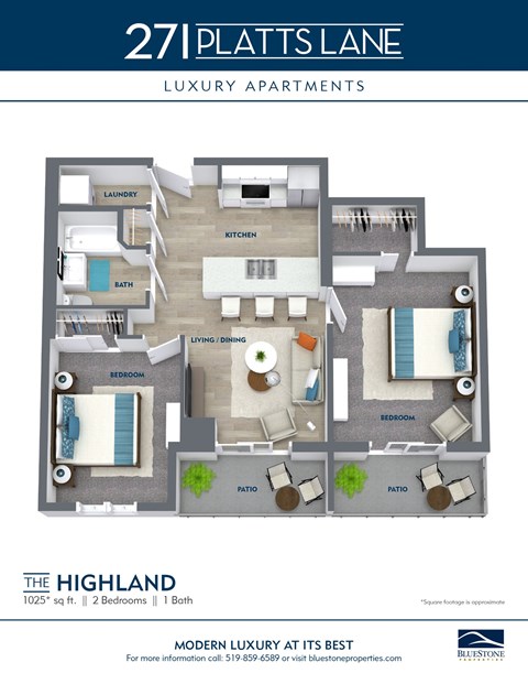 Floor plan for 2 beds, 1 bath, 1025 sqft